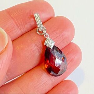 Vintage Sterling Silver Faceted Red Garnet Teardrop Pendant 925 Clear Stones